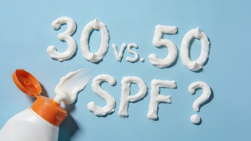 Sunscreen lotion spelling out '30 vs. 50 SPF?' next to an open bottle on a light blue background, illustrating the choice between SPF 30 and SPF 50 sunscreen.